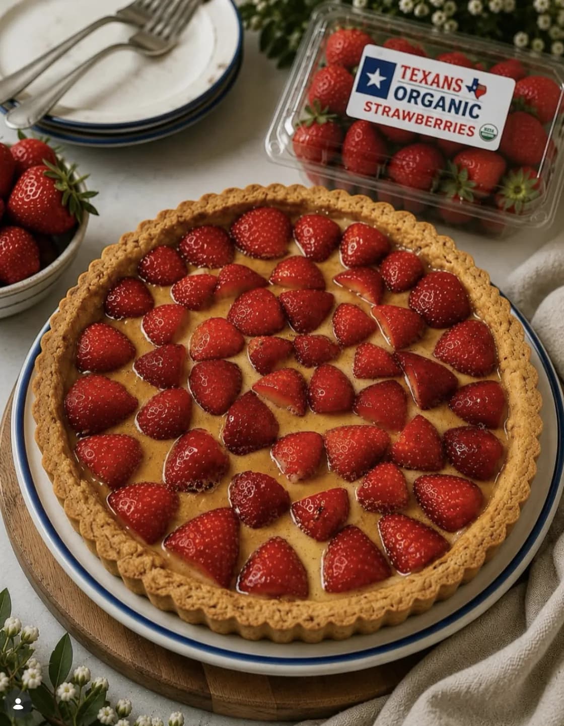 A strawberry tart on a blue-rimmed plate, next to a punnet of Texas-grown organic strawberries.